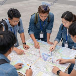 Туристы обсуждают маршрут над бумажной картой на площади.