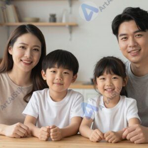 Семья из четырёх человек у дома