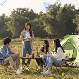 Друзья в походе у палатки.