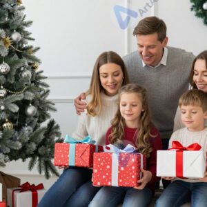 Семья у новогодней ёлки