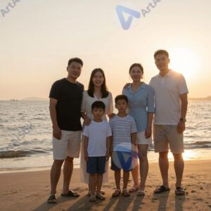 Семья делает совместное фото на пляже на закате.