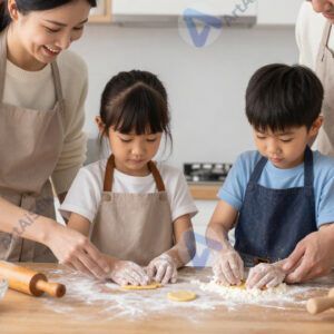 Родители и дети пекут печенье на кухне