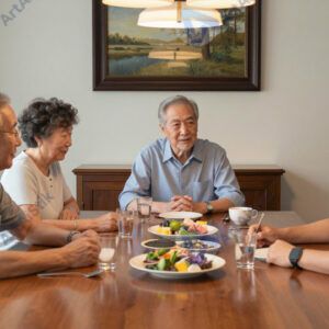 Трое поколений семьи сидят за большим столом в столовой.