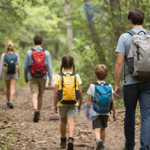 Семья с рюкзаками идёт по лесной тропе