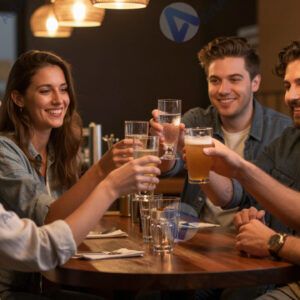 Компания друзей за высоким столиком в баре