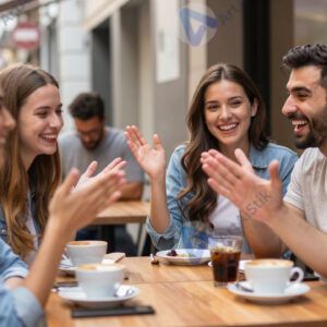 Группа друзей в уличном кафе