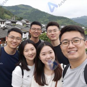 Друзья делают групповое селфи в туристическом городе.