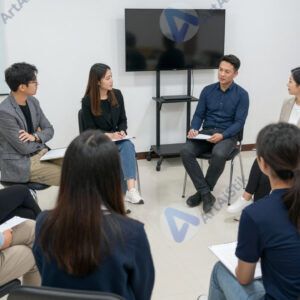 Коллеги сидят в круге на тренинге по тимбилдингу.