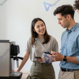 Коллеги у кофемашины в офисе