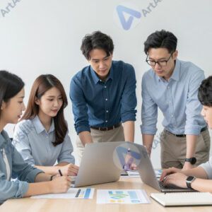 Команда делает общее фото после завершения проекта в офисе.