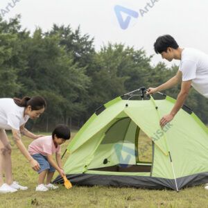 Родители и дети собирают палатку на поляне.