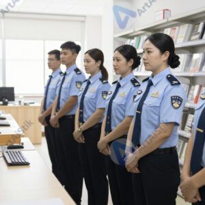 Коллеги в форме стоят в цехе