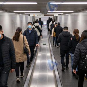 Люди спускаются по эскалатору в метро в час пик.