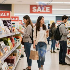 Покупатели в торговом центре на распродаже с пакетами.