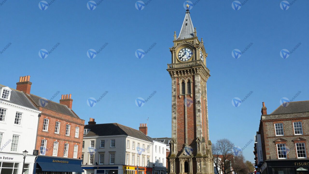 Башня с часами на городской площади, голубое небо. Башня с часами на городской площади