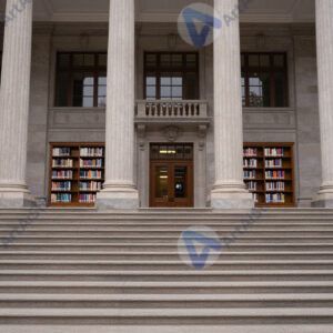 Городская библиотека с колоннами и широкой лестницей.