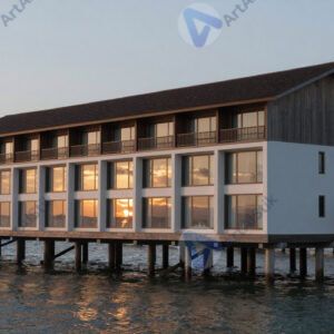 Отель на сваях над водой, закат отражается в окнах. Отель на сваях над водой