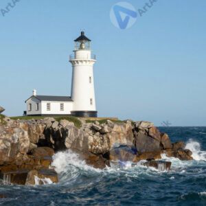 Белый маяк на скале у моря