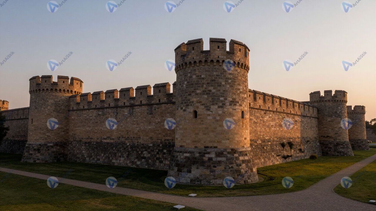 Крепостная стена с башнями, закатное освещение. Крепостная стена с башнями