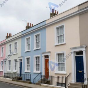 Ряд цветных таунхаусов на узкой улице