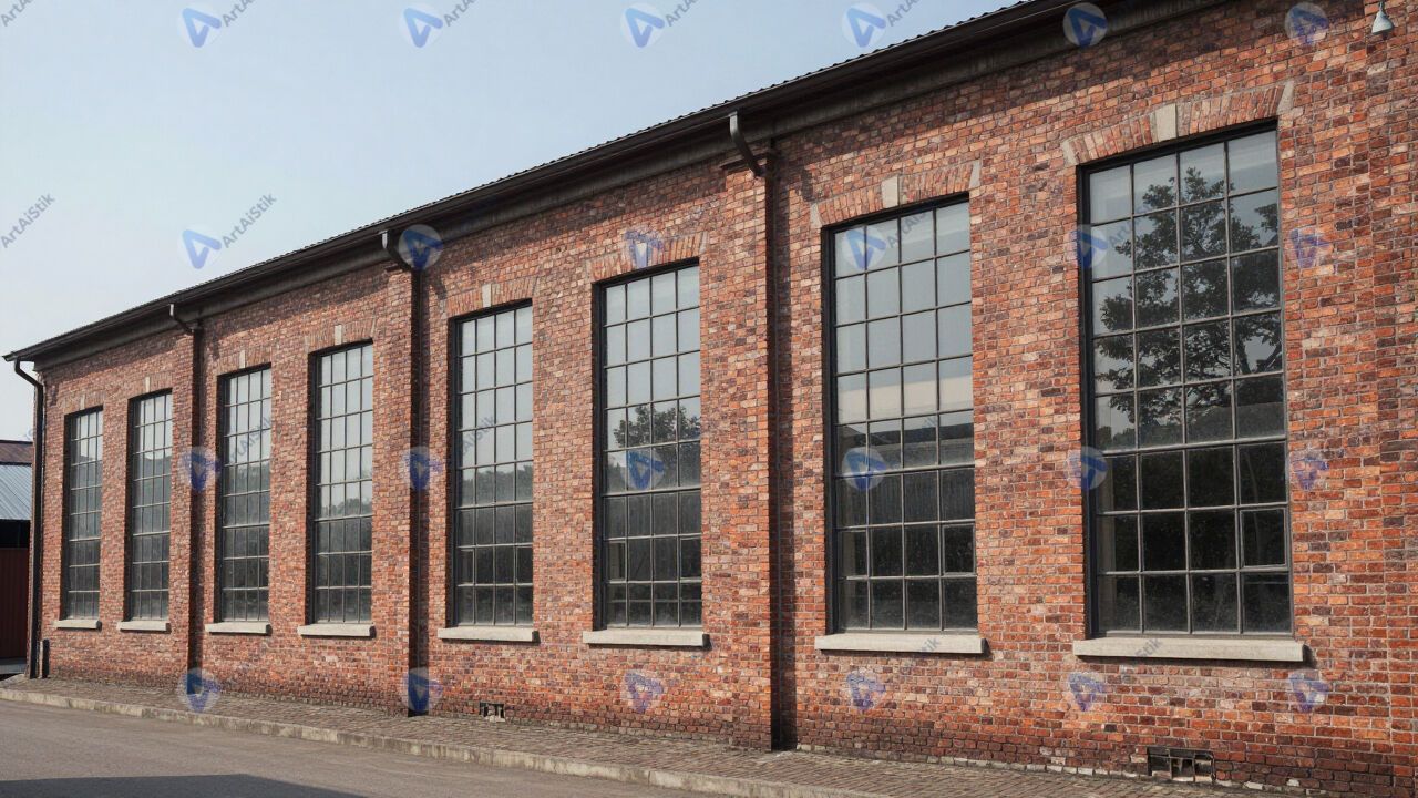 Старый кирпичный склад, большие окна, индустриальный стиль. Старый кирпичный склад