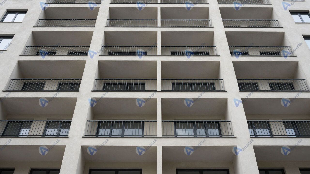 Многоэтажный жилой дом, вид снизу, геометрия балконов. Многоэтажный жилой дом
