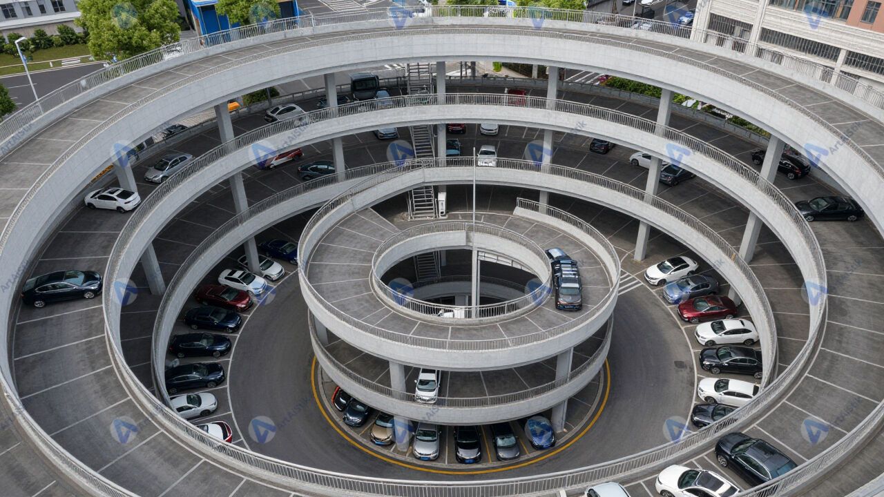 Многоуровневая автостоянка, спиральный съезд, вид сверху. Многоуровневая автостоянка