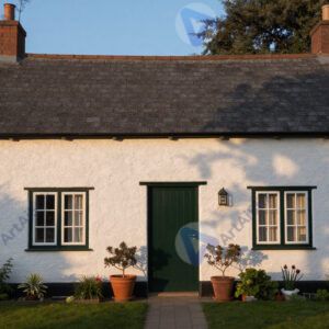 Коттедж с мансардой и садом перед фасадом