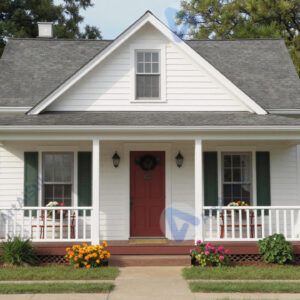 Небольшой сельский дом с крыльцом и цветами у входа.