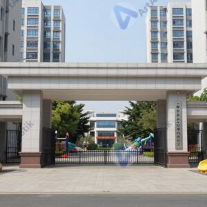 Городская школа с широким входом и детской площадкой.