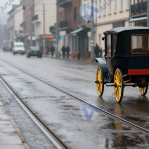 Улица с трамвайными рельсами и идущим вагоном