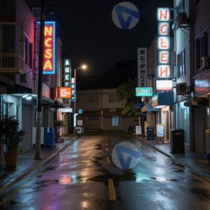 Ночная улица с неоновыми вывесками и мокрым асфальтом.