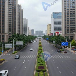 Широкий проспект с несколькими полосами и высотками по краям.