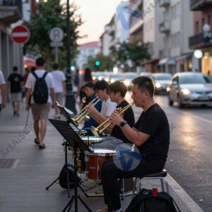 Улица с уличными музыкантами и прохожими