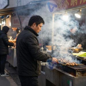 Рыночная улица с уличной едой и дымком от гриля.