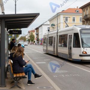 Улица с трамвайной остановкой и людьми в ожидании.