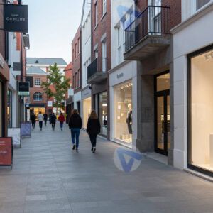 Улица торгового района с яркими витринами и манекенами.