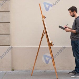 Улица с уличным художником и его мольбертом у стены.