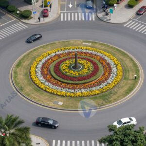 Площадь с круговым движением и клумбой в центре