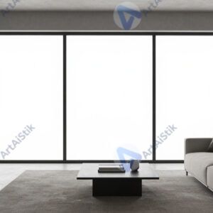 Минималистичная гостиная с панорамным окном.