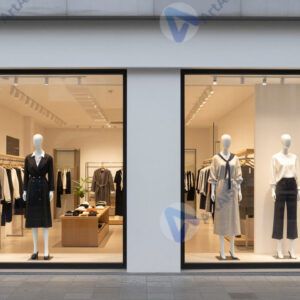 Магазин с большими витринами и манекенами вдоль стены.