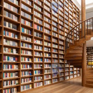 Библиотека с высоким книжным стеллажом и винтовой лестницей.