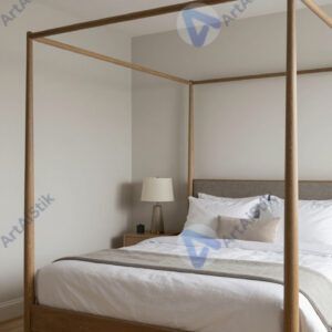 Спальня с балдахином над кроватью и мягким освещением.