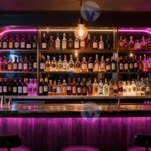 Бар с неоновой подсветкой стойки и бутылками на полках.