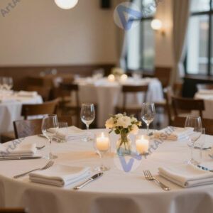 Банкетный зал с круглыми столами и свечами.