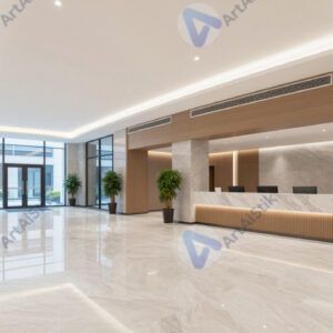 Просторное фойе бизнес‑центра с мраморными полами.