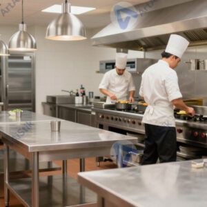 Кухня ресторана с нержавеющими столами и поварами за работой.
