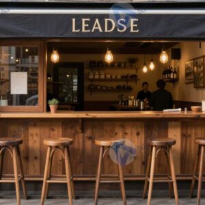 Маленькое бистро с высоким баром и табуретами.