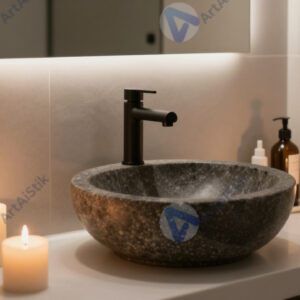 Ванная в спа с каменной раковиной и свечами.