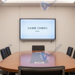 Офис переговорная с круглым столом и экраном на стене.